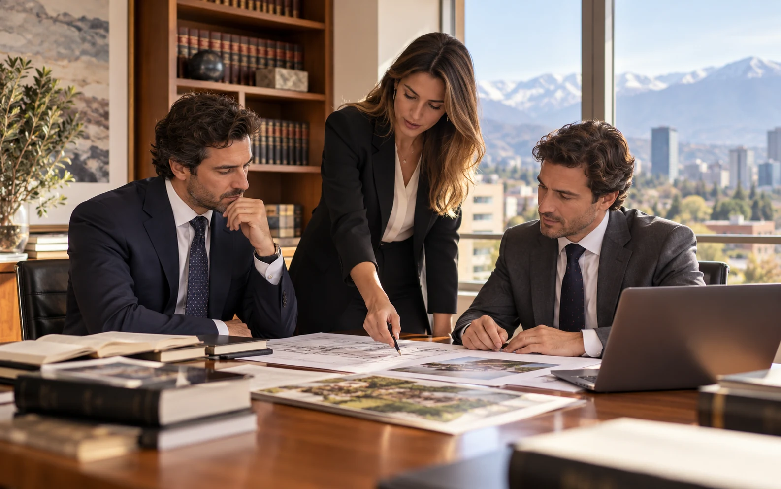 Escena editorial referencial de profesionales revisando un caso inmobiliario
